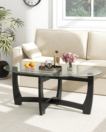 Giantex Glass Coffee Table, 48" Oval Accent Tea Table with Tempered Glass Top & Solid Wood Structure
