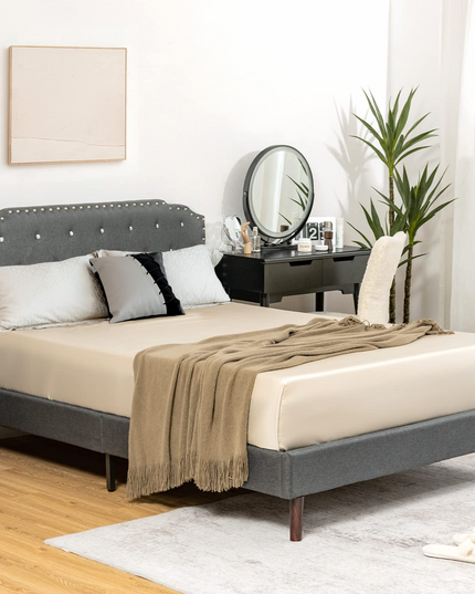 Upholstered Bed Frame w/ Adjustable Headboard, Crystal Tufted Soft Platform Bed Frame w/ Wooden Slats