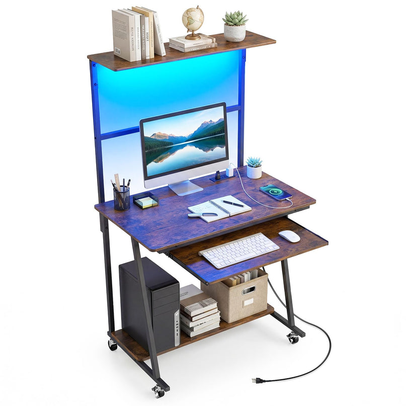 Giantex 31.5" Small Computer Desk with Charging Station & LED Lights