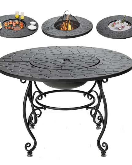 Fire Pit Table 4-in-1 Outdoor Dining Table, 36 Inch Multifunctional Metal Round Patio Table