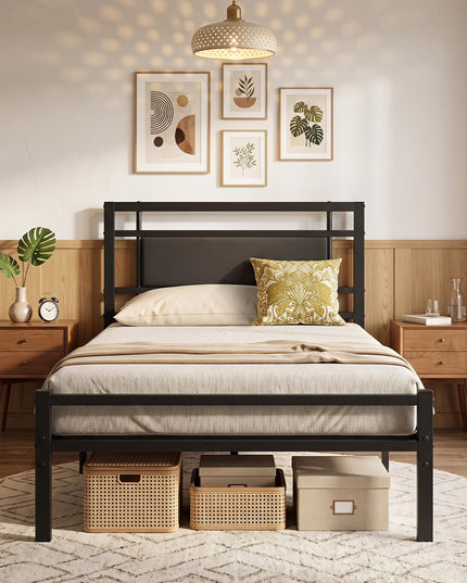 GIANTEX Twin Size Metal Bed Frame with Upholstered Headboard