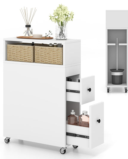 Giantex Small Bathroom Storage Cabinet - Slim Bathroom Organizer with Wheels, 2 Drawers, 2 Baskets