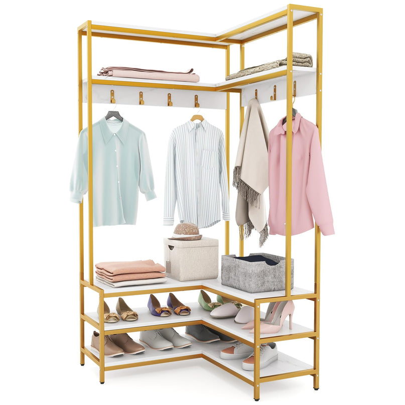 Giantex Corner Coat Rack with Shoe Bench, L-shaped Garment Rack with 5 Shelves & 7 Hooks