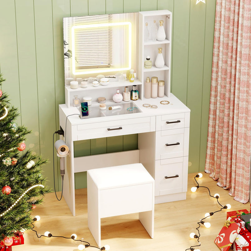 Vanity Desk with Mirror and Lights for Bedroom
