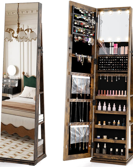 Swivel Jewelry Armoire with Full Length Mirror & Lighted Makeup Mirror