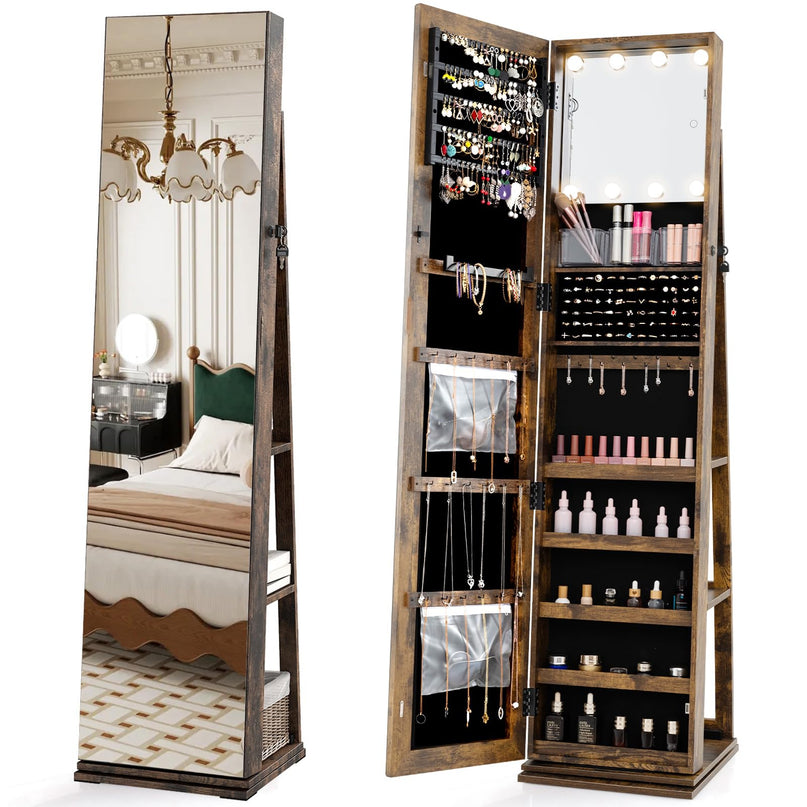 Swivel Jewelry Armoire with Full Length Mirror & Lighted Makeup Mirror