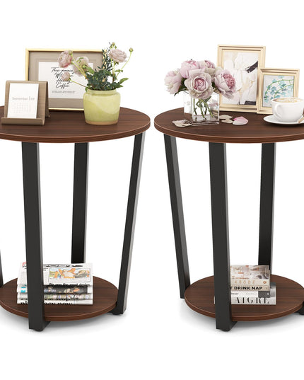 Giantex Round End Table Set of 1/2, 2-Tier Side Sofa Table with Open Storage Shelf and Metal Frame