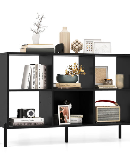 Giantex 6 Cube Bookcase, 3-Tier 47" Long Wood Bookshelf w/ 5 Metal Legs, Adjustable Shelf, Anti-toppling Device
