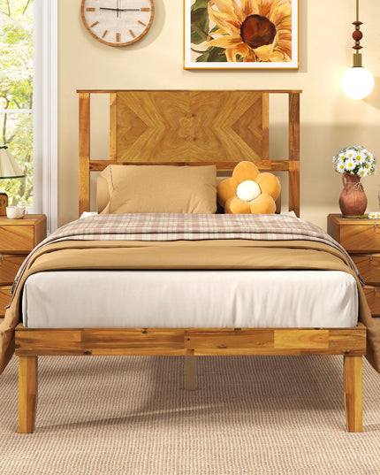 Lit plateforme Giantex Mid-Century Modern en bois d'acacia avec tête de lit et support à lattes en bois
