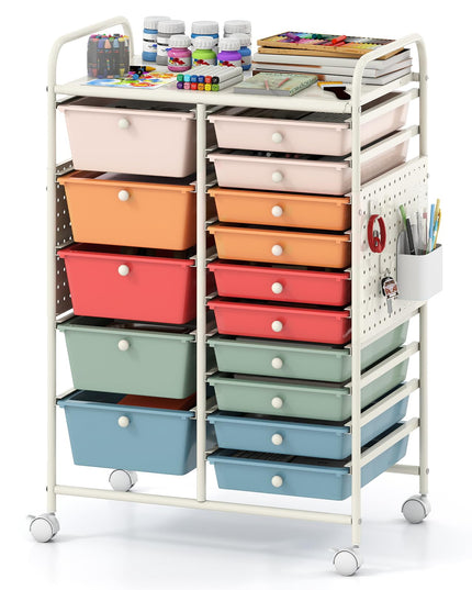 Giantex 15 Drawer Rolling Storage Cart with Metal Tabletop & Pegboard