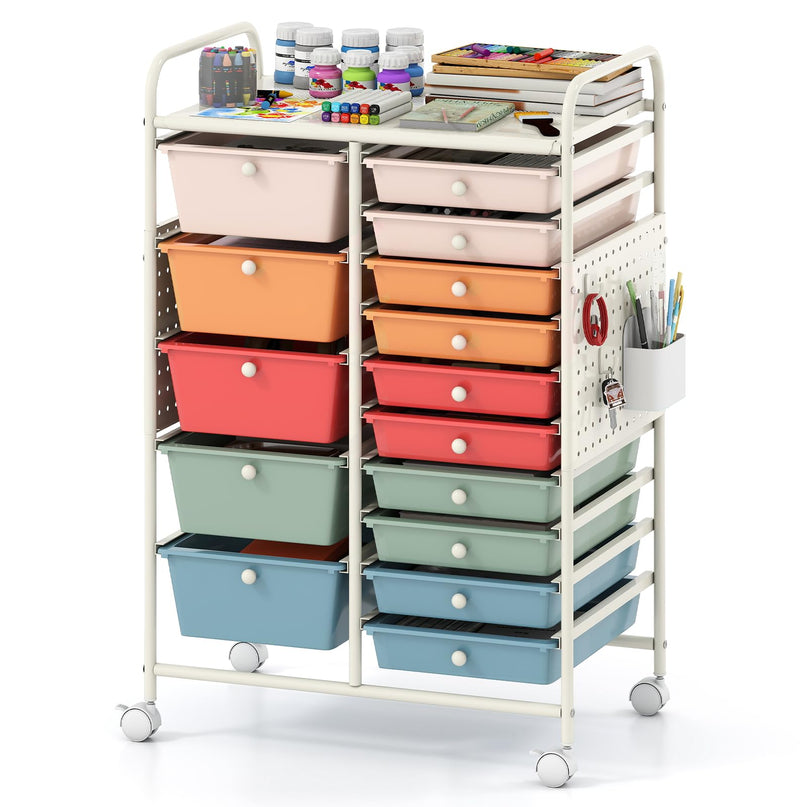 Giantex 15 Drawer Rolling Storage Cart with Metal Tabletop & Pegboard
