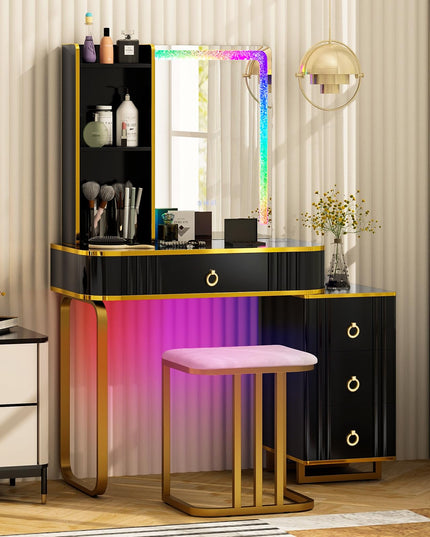 CHARMAID RBG LED Makeup Vanity Table, Colorful Lighted Mirror, 7 Dynamic & 7 Static Modes, 3-Drawer Chest