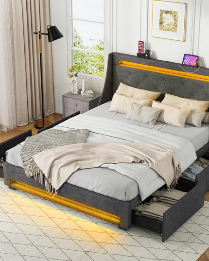 Giantex Bed Frame with LED Lights & Charging Station, Upholstered Platform Bed with Wingback Headboard