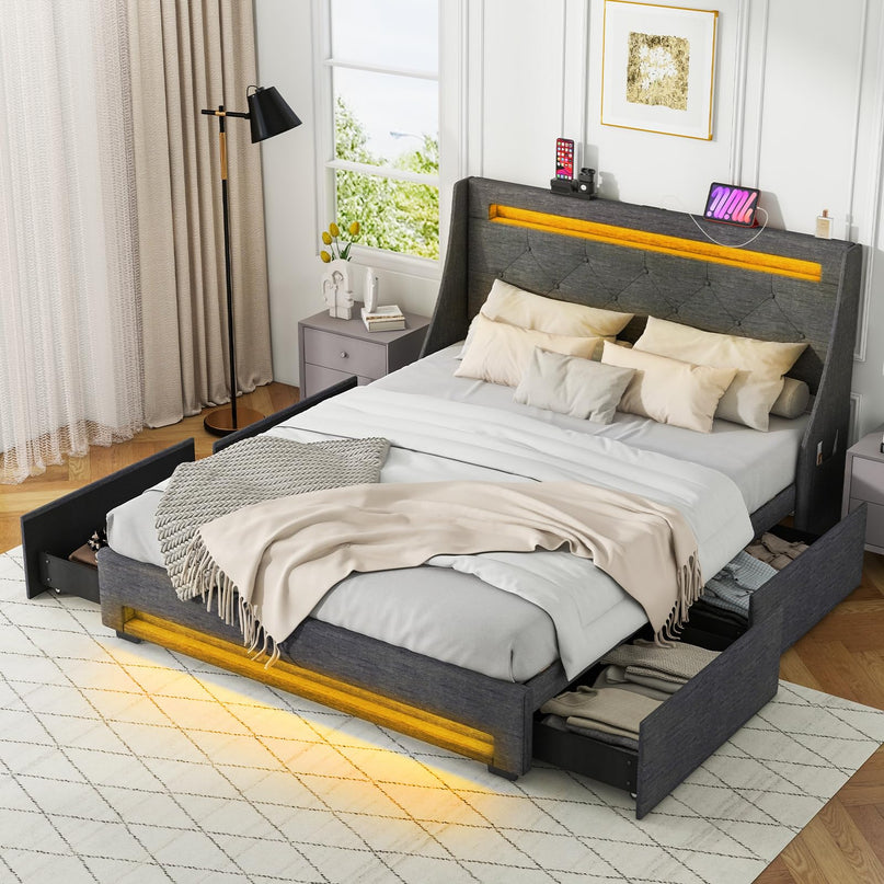 Giantex Bed Frame with LED Lights & Charging Station, Upholstered Platform Bed with Wingback Headboard