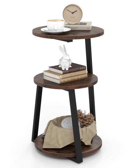 Giantex Round End Table, Industrial Side Table with Sturdy Metal Frame, Coffee Table, 3-Tier Bedside Table for Bedroom, Living Room
