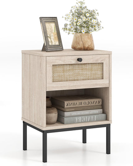 Giantex Rattan Nightstand with Drawer, Boho Side Table with 4 Metal Legs and Open Storage Shelf