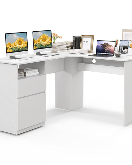 Giantex L Shaped Computer Desk with Drawers, 59" Corner Desk Workstation with Storage Shelf & Cable Holes