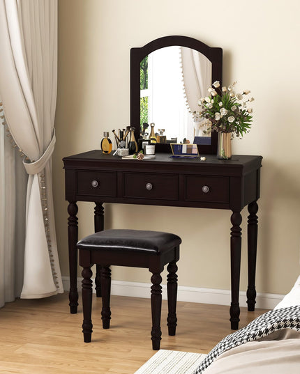 CHARMAID Makeup Vanity Desk with Mirror and Stool, Vanity Table Set with Large Mirror, 3 Drawers, Cushioned Stool