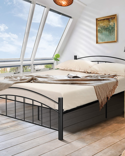 Black Modern Platform Bed with Headboard and Footboard | Metal Bed Frame