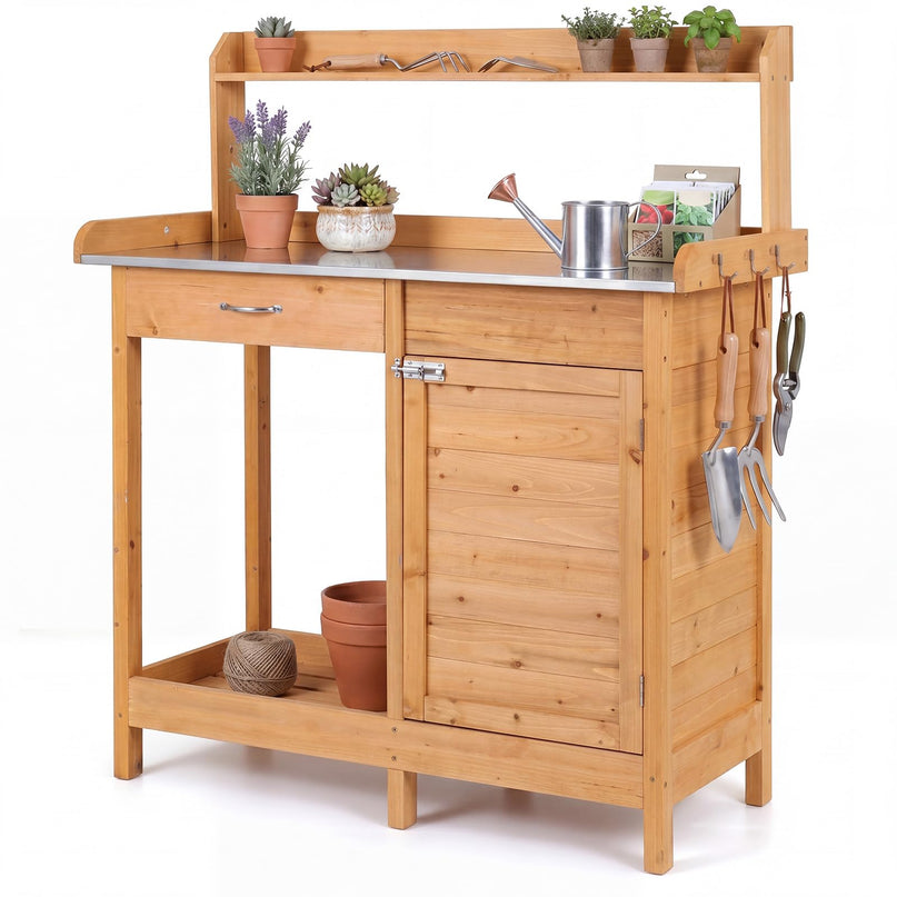 Giantex Potting Bench Table with Storage Cabinet & Drawer