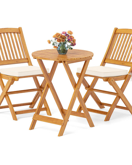 Giantex Patio Bistro Set 3 Pieces, Outdoor Acacia Wood Folding Table & Chairs Set with 2 Padded Cushions