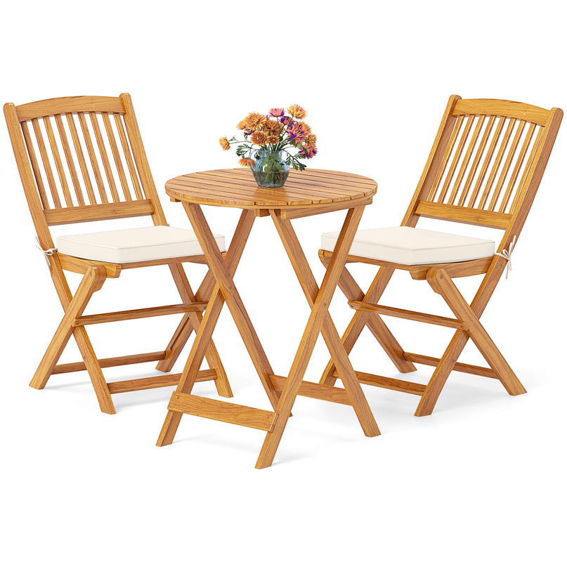 Giantex Patio Bistro Set 3 Pieces, Outdoor Acacia Wood Folding Table & Chairs Set with 2 Padded Cushions