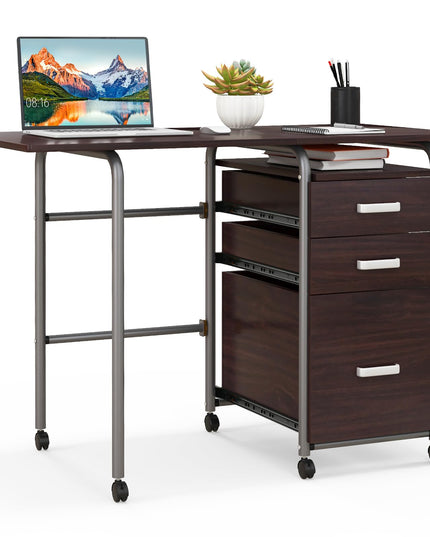 Giantex Folding Desk for Small Space, Rolling Home Office Desk with 3 Drawers & Lockable Universal Wheels
