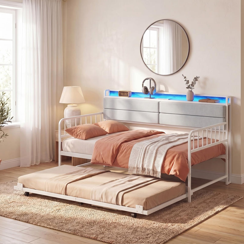Giantex Daybed with Trundle Twin Bed Frame with LED Lights