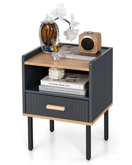 Giantex Modern Nightstand with Drawer - Bedside Table with Open Shelf, Gray