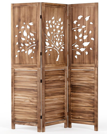 GIANTEX 3 Panel Folding Room Divider with Tree Leaf Cutout & Louvered Slats