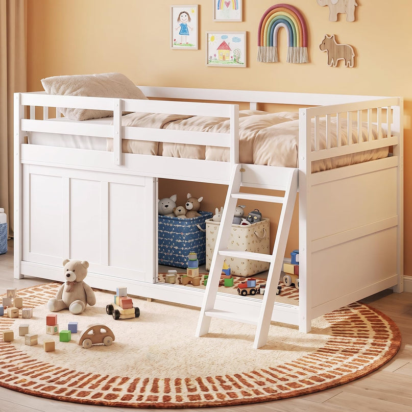 GIANTEX Wooden Low Loft Bed Twin Size with Spacious Under-Bed Play Space
