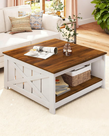Giantex 31 Inch Farmhouse Square Wood Coffee Table with Storage Shelf  Open Compartment
