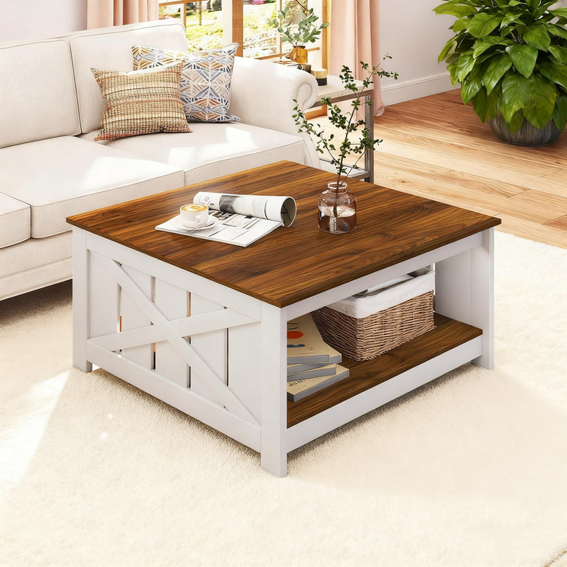 Giantex 31 Inch Farmhouse Square Wood Coffee Table with Storage Shelf  Open Compartment