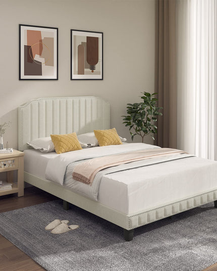 Giantex Upholstered Bed Frame, Linen Platform Bed w/Rivet Headboard, Heavy Duty Mattress Foundation