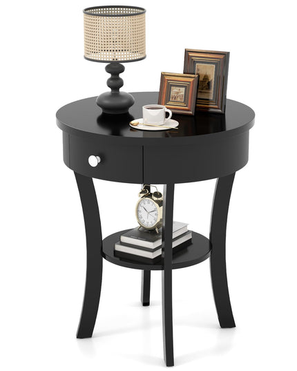 Giantex Round End Table with Drawer, 2-Tier Wood Side Table w/Open Shelf