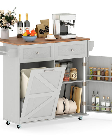 Giantex Kitchen Island Cart with Hidden Tilt Out Trash Can Cabinet, Drop Leaf, 2 Drawers, Towel Rack