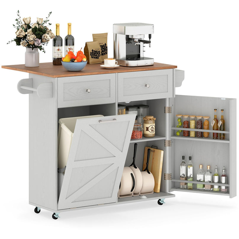 Giantex Kitchen Island Cart with Hidden Tilt Out Trash Can Cabinet, Drop Leaf, 2 Drawers, Towel Rack