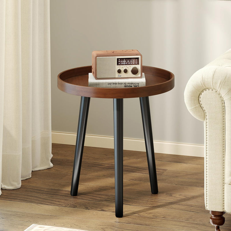 Giantex Round End Table with Wooden Tray & Bamboo Legs