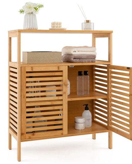 Giantex Storage Cabinet, Bamboo Bathroom Floor Cabinet with Double Louvered Doors