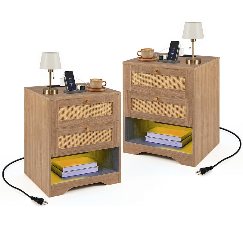 GIANTEX Rattan Nightstand with Charging Station for Bedroom