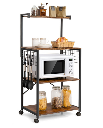 Giantex Kitchen Baker Rack on Wheels, Industrial Utility Storage Shelf, with 3 Hooks (Rustic Brown)