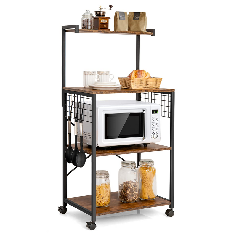 Giantex Kitchen Baker Rack on Wheels, Industrial Utility Storage Shelf, with 3 Hooks (Rustic Brown)