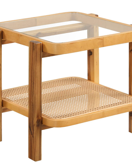Giantex Rattan Side Table, Boho End Table for Living Room, Narrow Bedside Table with Tempered Glass Top