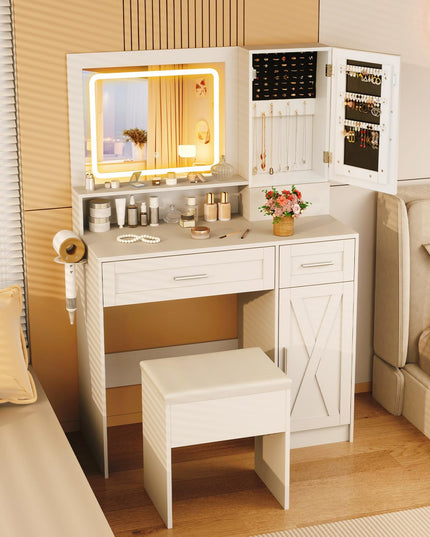 CHARMAID Vanity Desk with Mirror and Lights, Jewelry Storage Cabinet, Farmhouse White Makeup Vanity Desk with Charging Station