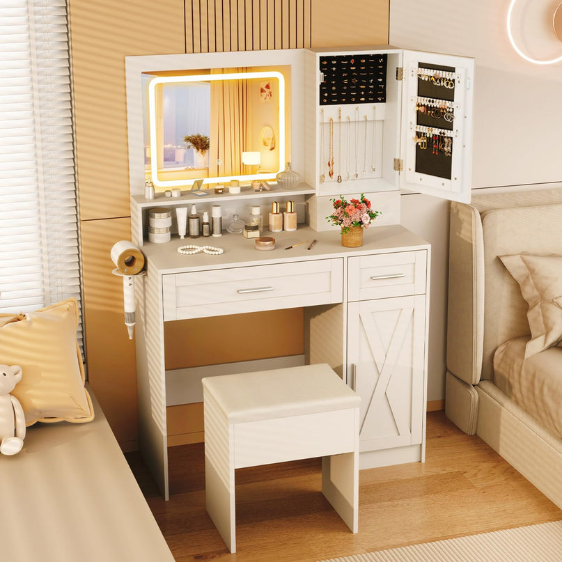CHARMAID Vanity Desk with Mirror and Lights, Jewelry Storage Cabinet, Farmhouse White Makeup Vanity Desk with Charging Station