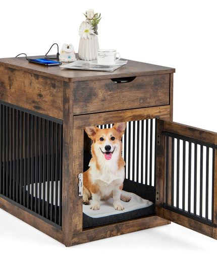 Giantex Dog Crate Furniture, Dog Kennel End Table with Chew-Proof Metal Fence, Lockable Door