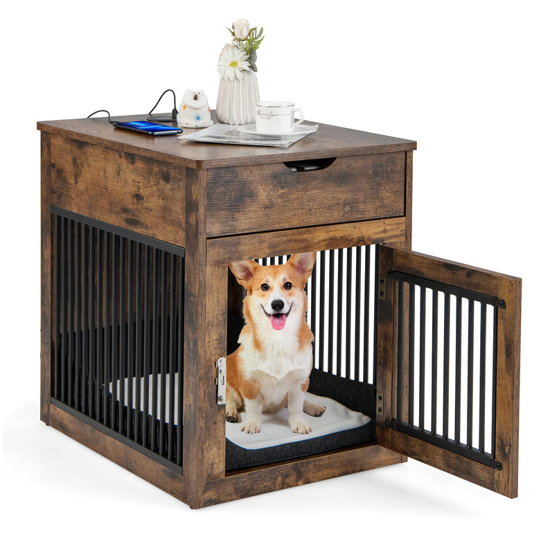 Giantex Dog Crate Furniture, Dog Kennel End Table with Chew-Proof Metal Fence, Lockable Door