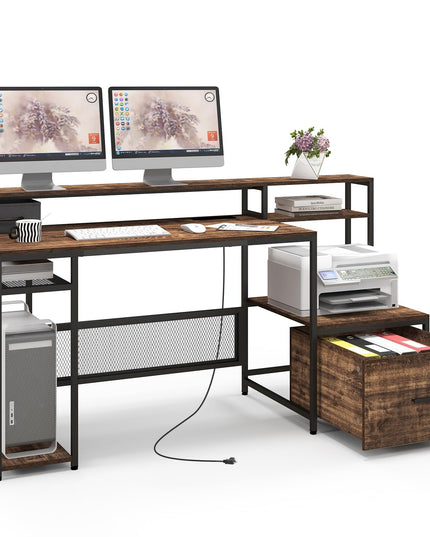 Giantex 67" Computer Desk with File Drawers Cabinet, Home Office Desk with Monitor Stand