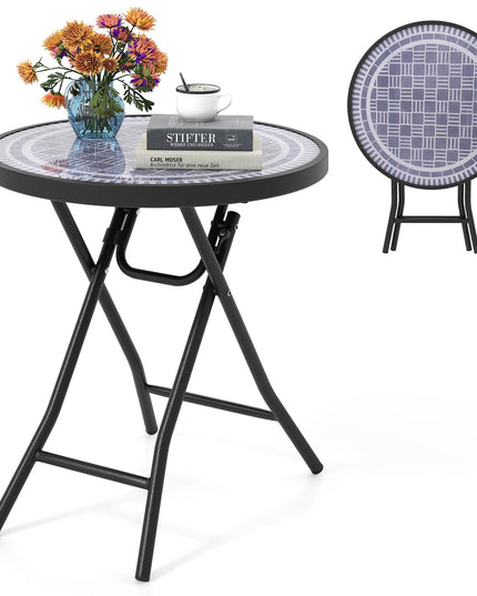 Giantex Folding Outdoor Side Table - 18” Round End Table with Tempered Glass Tabletop & Metal Frame