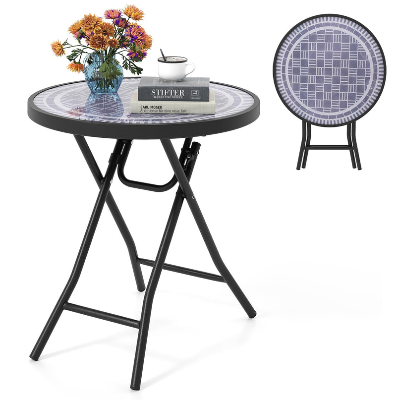 Giantex Folding Outdoor Side Table - 18” Round End Table with Tempered Glass Tabletop & Metal Frame
